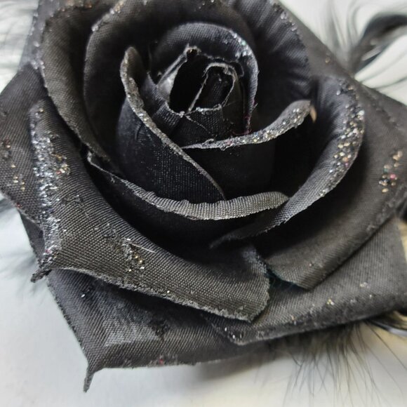 MENS Black Rose Feathers Corsage Black Rose Brooch Rose Floral Hair Tie  NEW - Picture 7 of 10